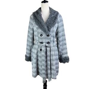 Lulumari Gray Felt Chevron Faux Sheep Fur Collar Button Front Belted Peacoat